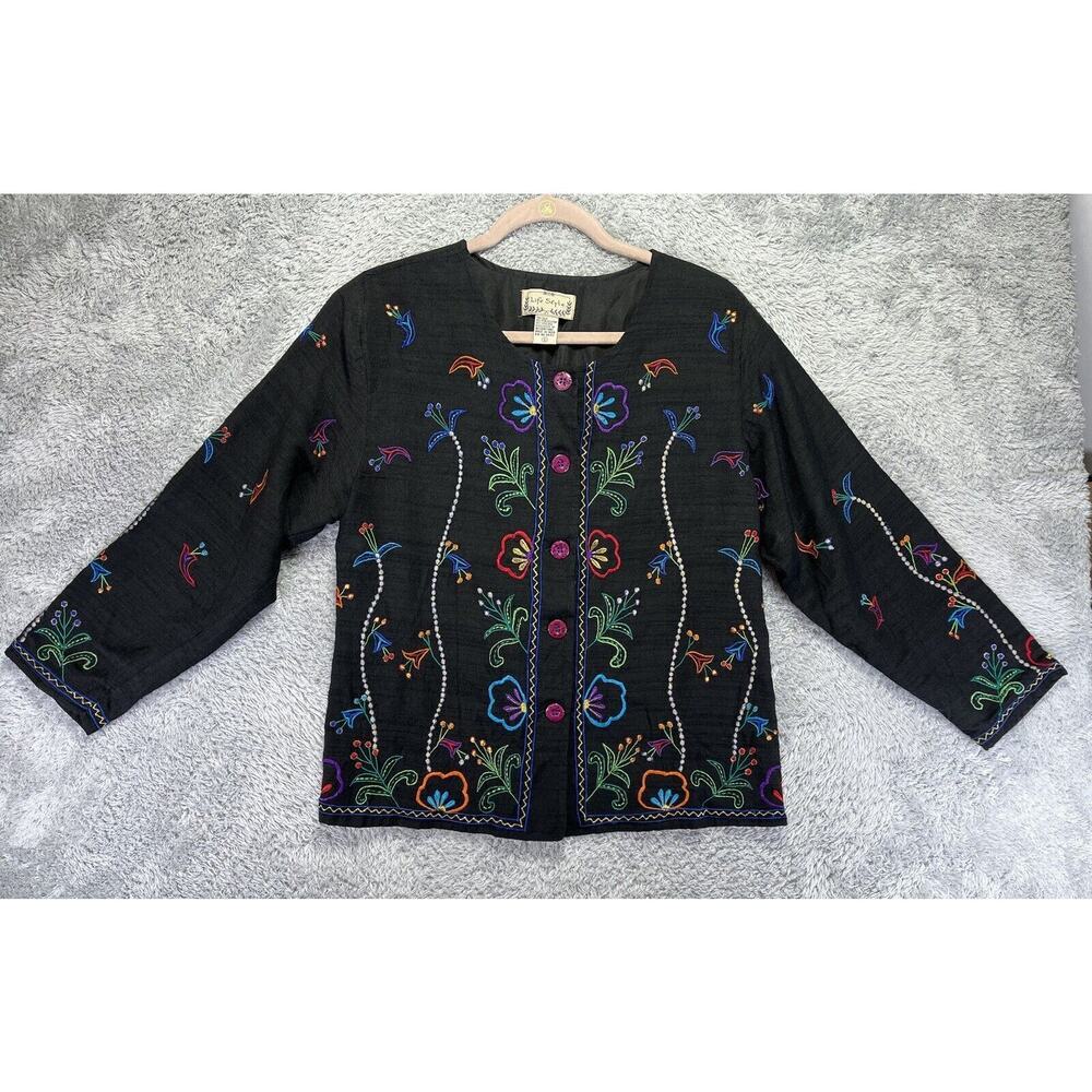 Vintage Silk Blend Black Lined Blazer Jacket Embroidered‎ Floral Art To Wear S - Picture 2 of 7